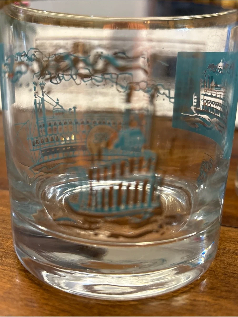 VTG Libbey Southern Comfort Riverboat Steamboat Glass set of 3 Turquoise Gold - Picture 7 of 7